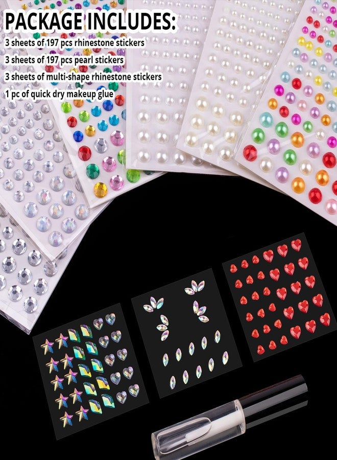 BELLEBOOST 9 Sheets Face Rhinestones and Pearl Stickers Set 1, Rainbow Mixed shape Self Adhesive Gems Face Jewels Stick on, with Makeup Glue for Makeup Eyes Face Hair Nails Body, Crafts and Decorations - Image 2